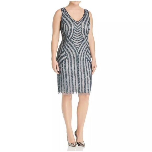 NWT Adrianna Papell Plus size Sequined V-Neck Sheath Dress in Pewter Silver.  Si - Picture 1 of 10